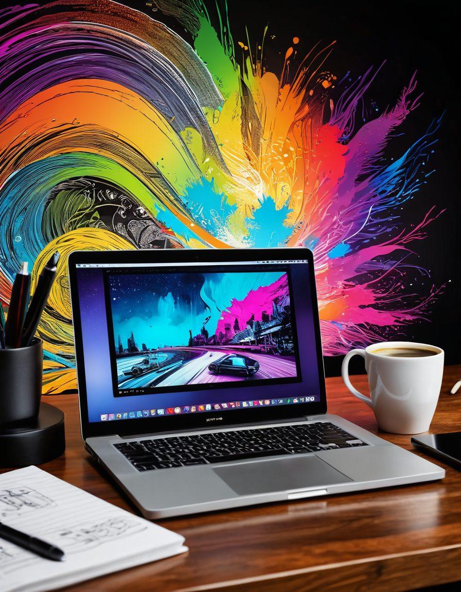 A modern laptop and an open notebook on a wooden desk, with bold TV show graphics swirling around, blending into colorful digital narratives, while a steaming coffee cup sits beside them. The backdrop features elements of storytelling, like ink pens and sketches. Bright colors and a dynamic composition that represents transformation and creativity. super-realistic. vibrant colors. warm lighting.