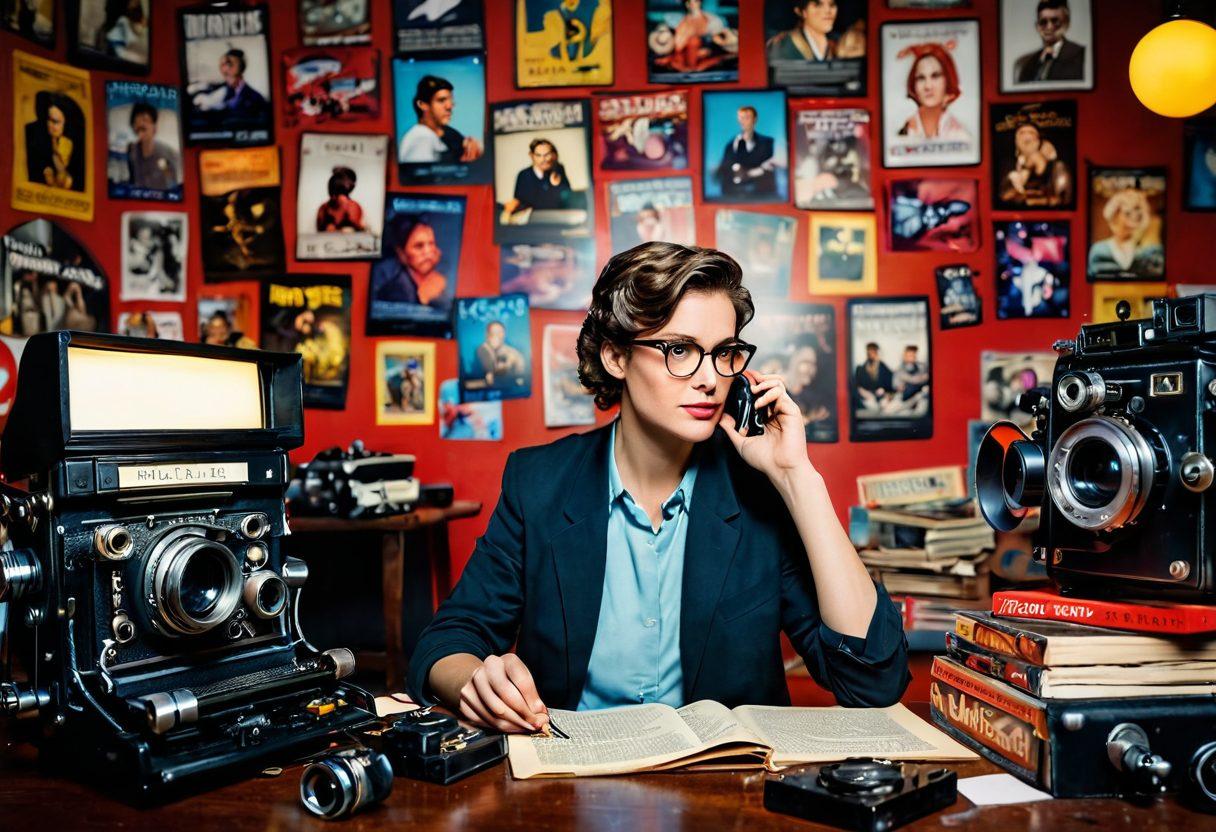 A dynamic scene showcasing an engaged writer surrounded by film memorabilia such as movie posters and vintage cameras, filled with swirling thoughts represented as colorful text bubbles about captivating stories. The background hints at a vibrant film set with lights and a clapperboard, conveying creativity and passion. The writer is deeply concentrated, reflecting the essence of storytelling for TV and film enthusiasts. vibrant colors. super-realistic. cinematic atmosphere.