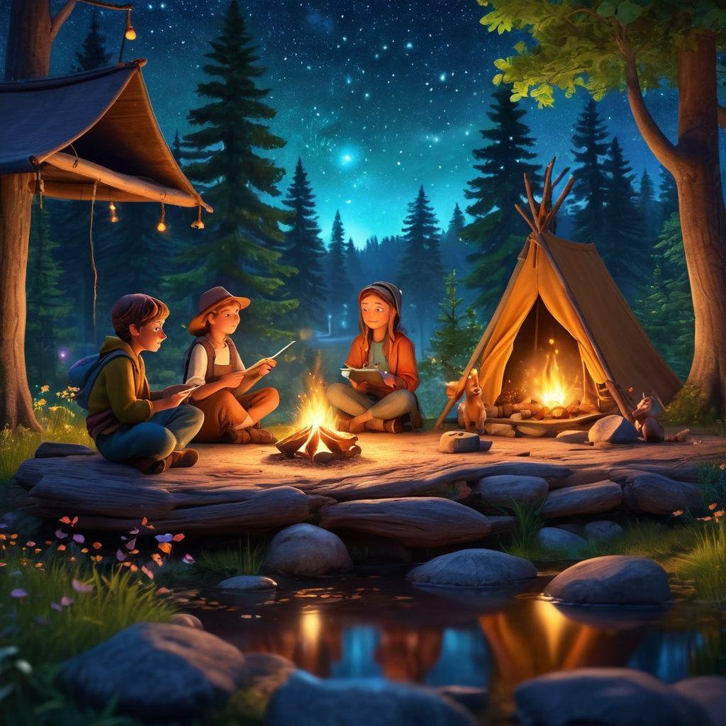 A whimsical scene depicting a storyteller at a cozy campfire, surrounded by enchanted forest elements, glowing fireflies, and animated characters from various stories, all captivated by the tales being shared. Incorporate elements of a blog interface like floating words and vibrant icons related to entertainment. Super-realistic. Vibrant colors. Night sky background.